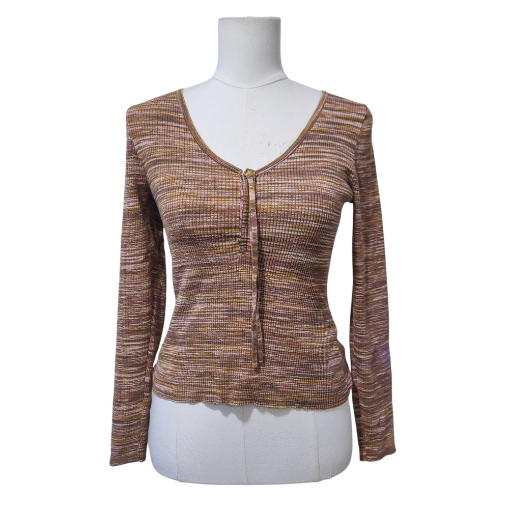 Madewell Space Dye Ribbed V-Neck Tie Front Top Brown Tan Mauve Medium